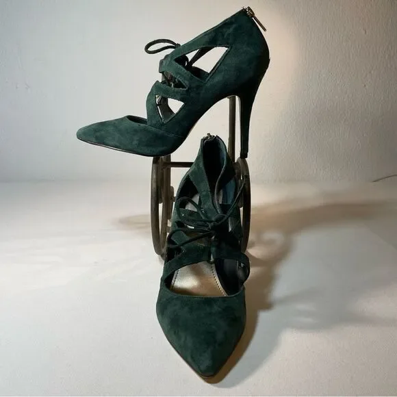 White House black market Money Green Suede Lace Up Heels 9 - Picture 5 of 10